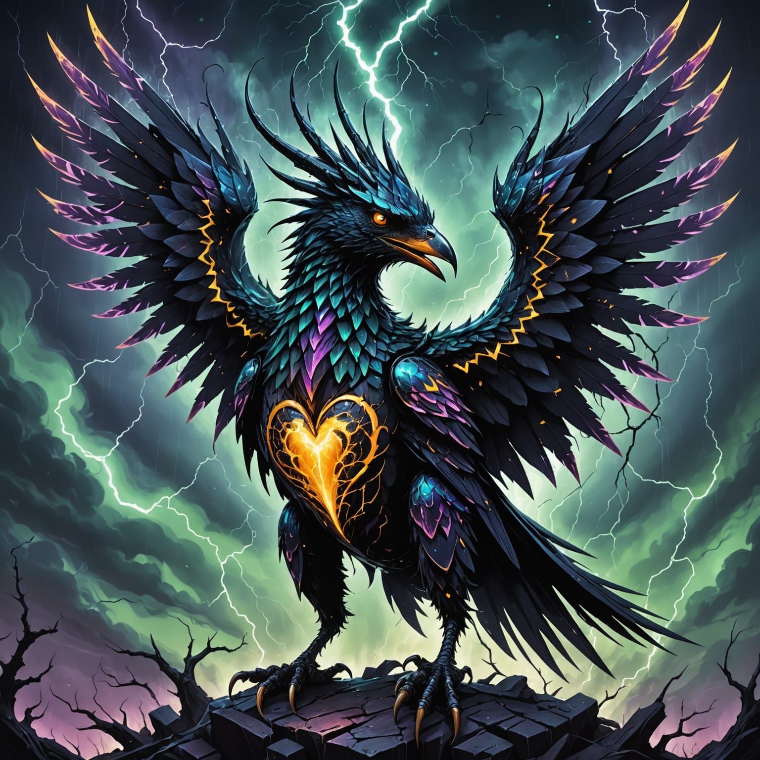 Obsidian biomechanical creature with jagged fractal talons