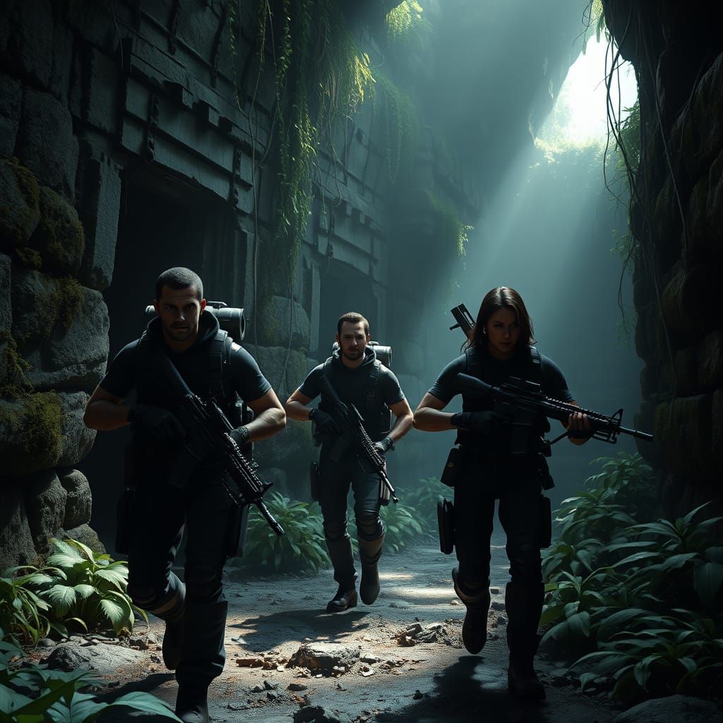 Rugged Men in Black Explore Ancient Jungle Temple