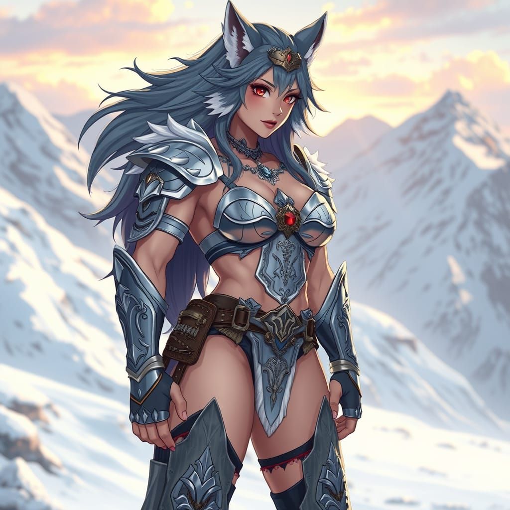 Surreal Anime-Style Wolf Warrior Stands at Dawn on Snowy Mou...