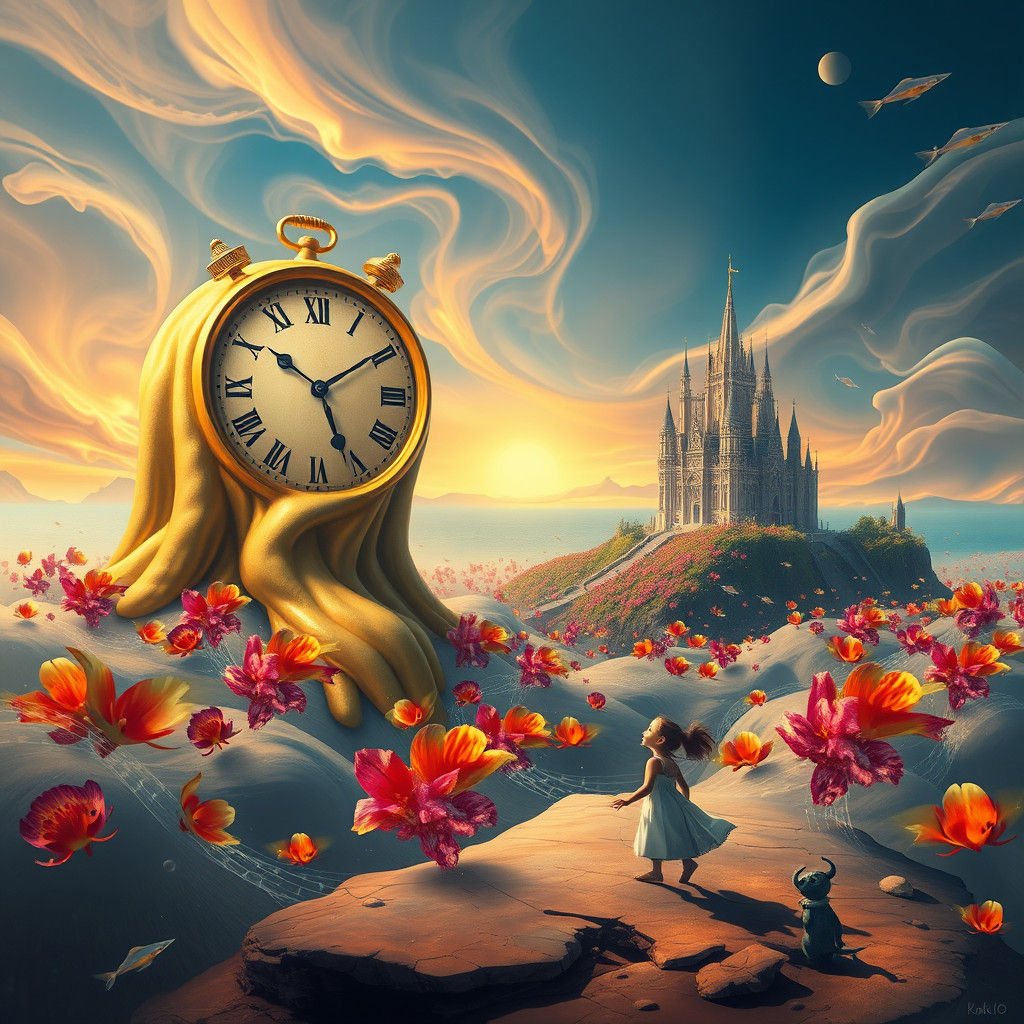 Surreal Landscape with Melting Clock, Dreamlike Art