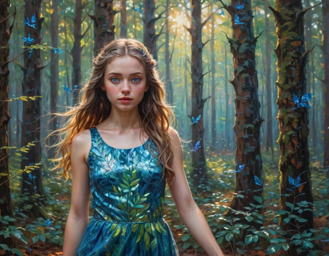 "In a vibrant forest of shimmering colours, a girl with shin...