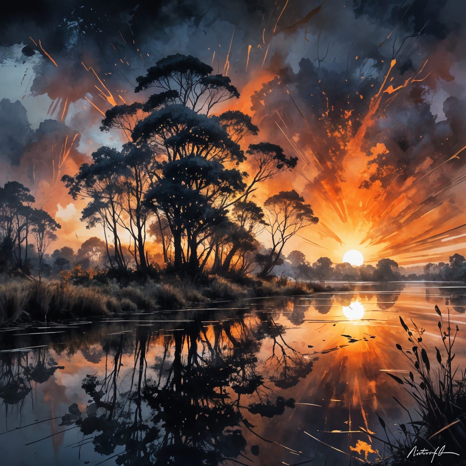River Trees at Fiery Sunset: Watercolour Painting