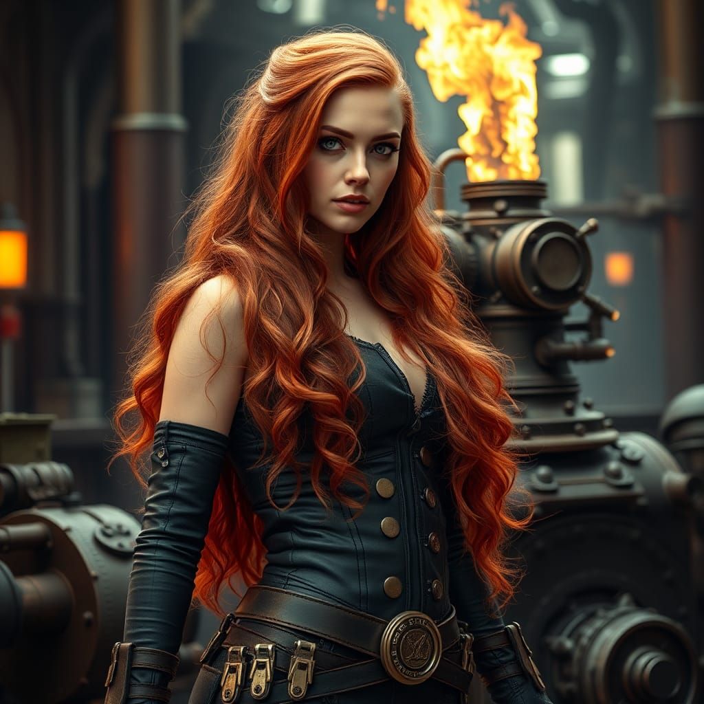 Steampunk Woman with Red Hair in Sci-Fi Style