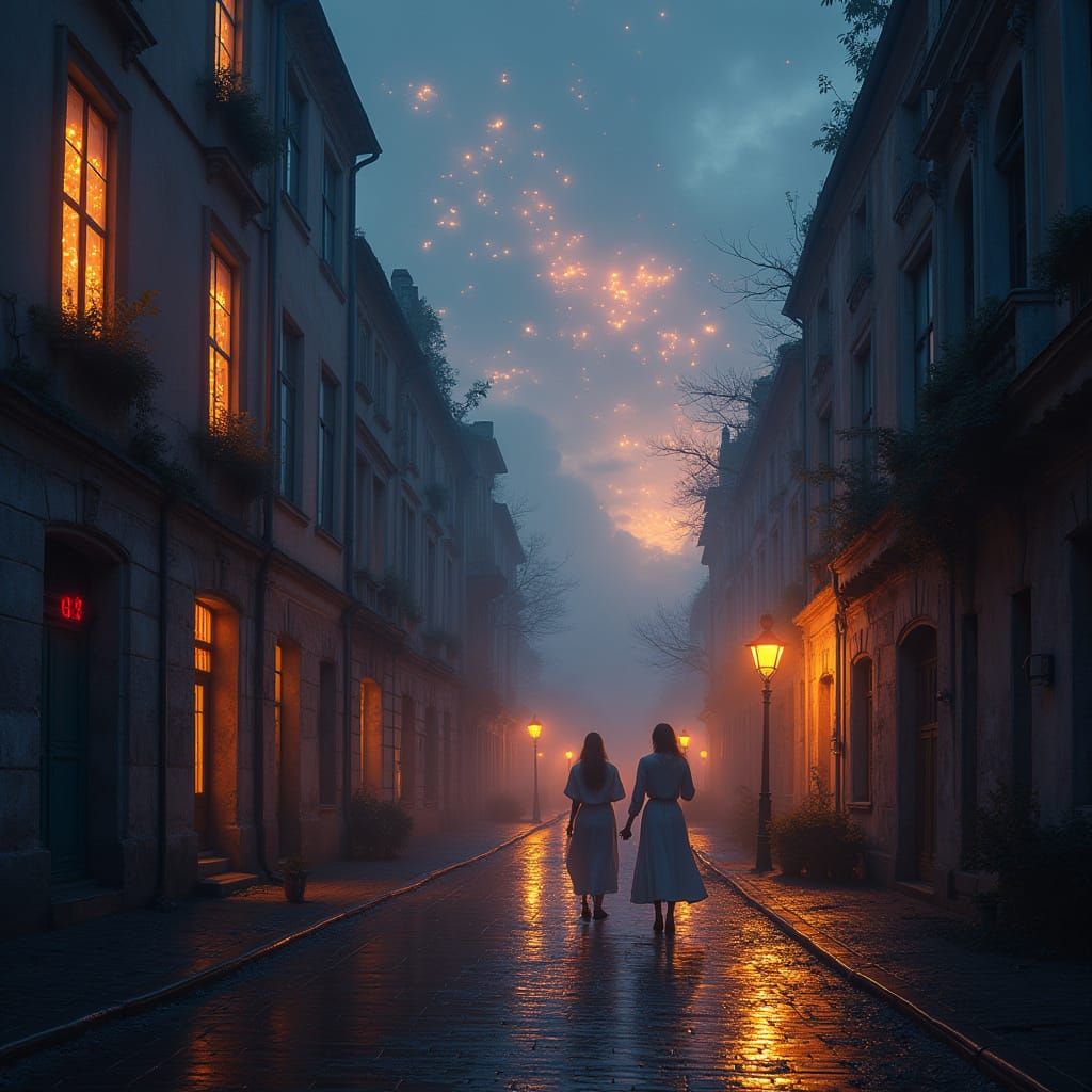 Celestial Couple in Sacred Cityscape, Surreal Art