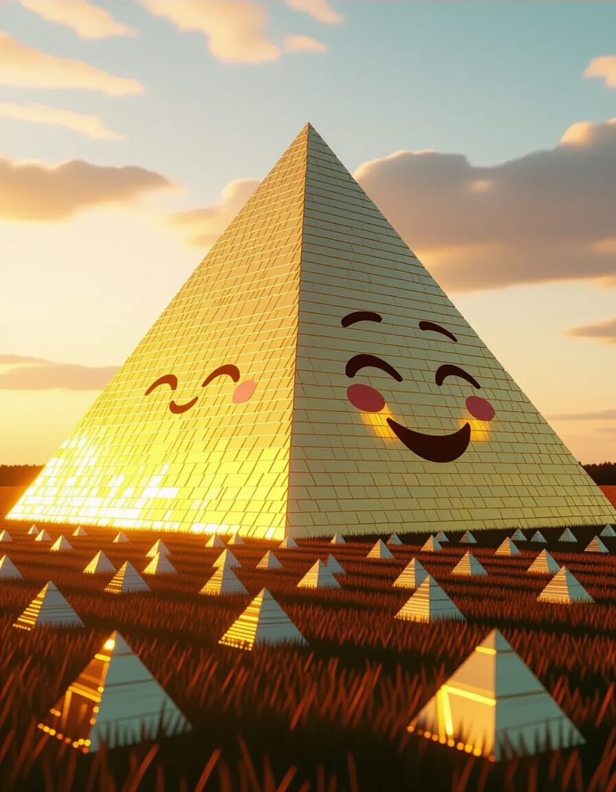 Golden Pyramid Crumbling at Sunset in CGI Style