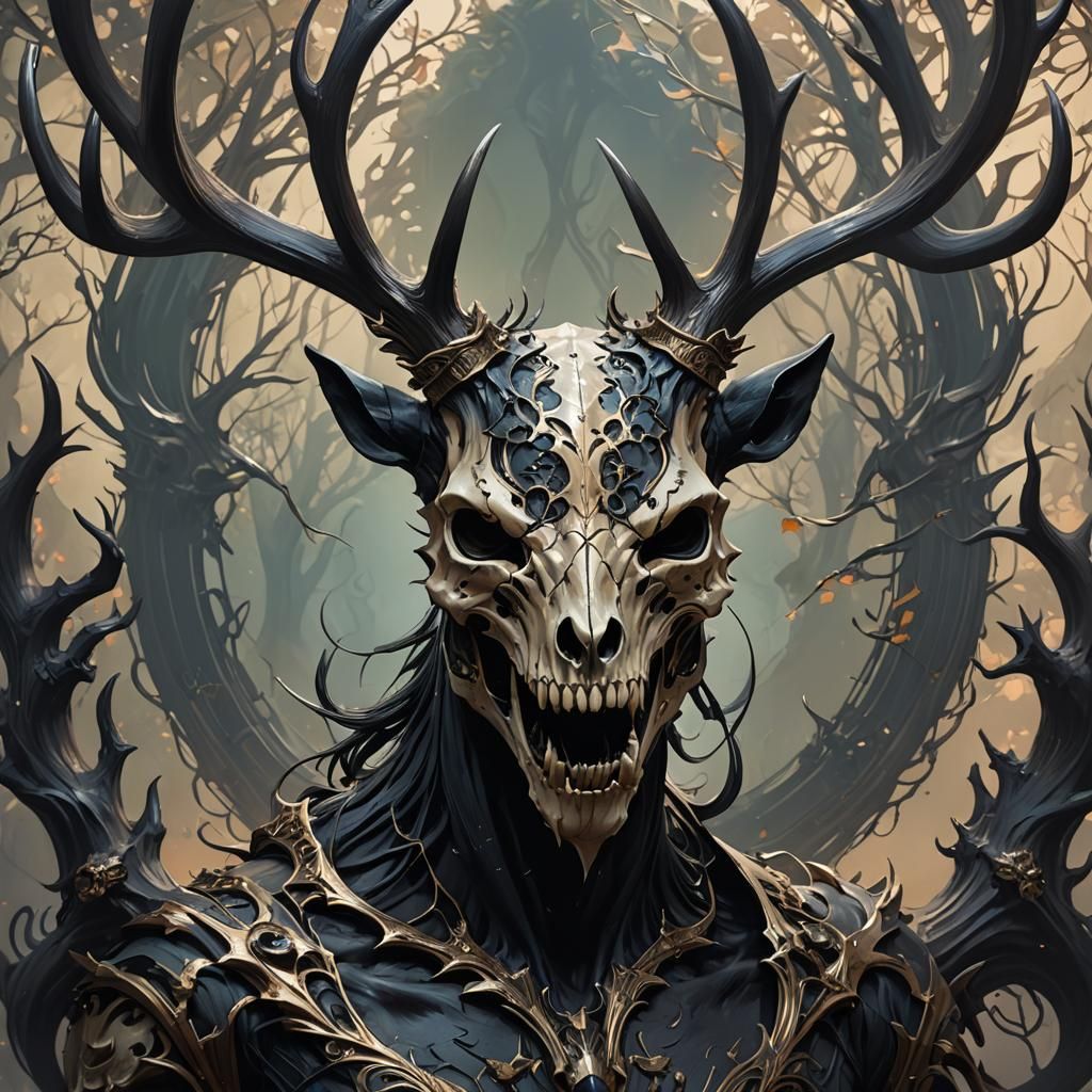 Shadow Deer Skull Demon Portrait in Art Nouveau Style
