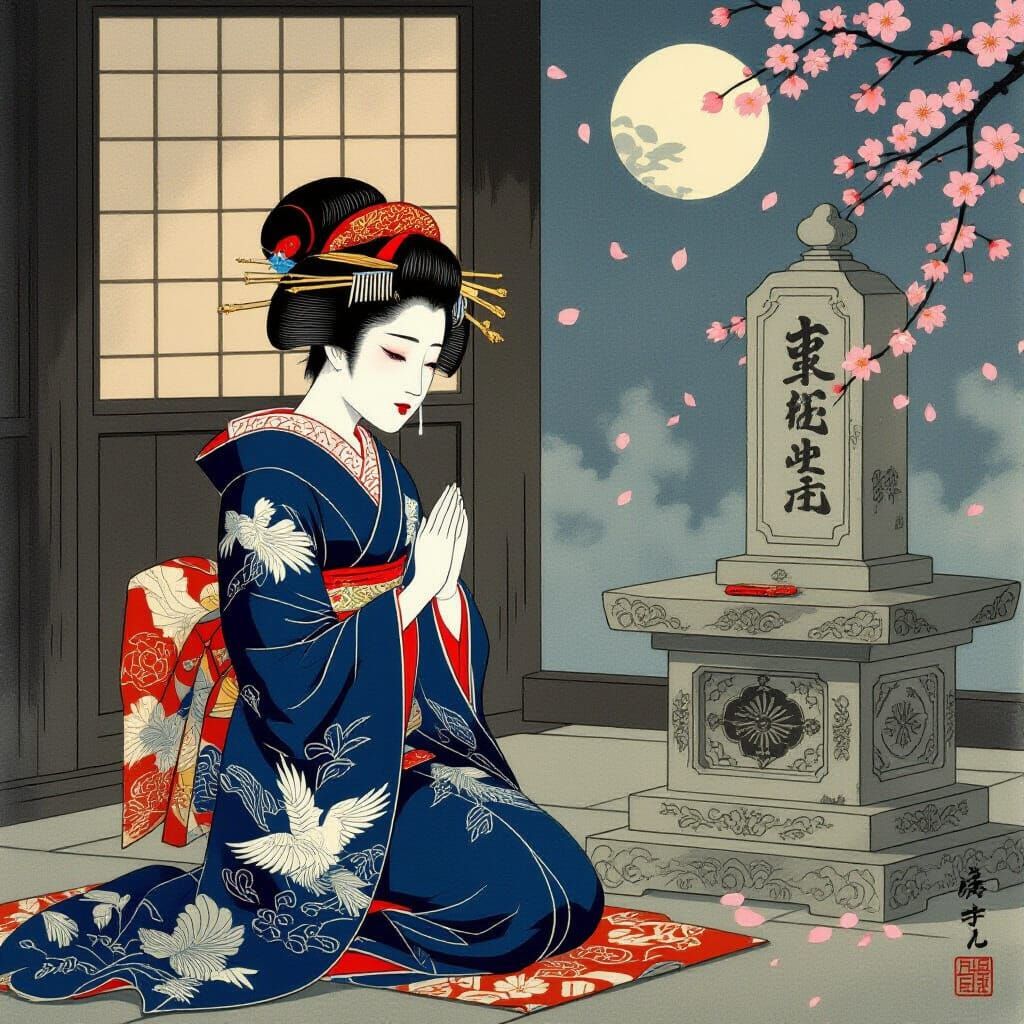 Geisha Kneeling in Ukiyo-e Style