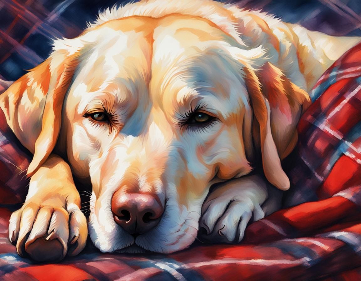 Close up light yellow lab sleeping on a big red plaid blanke...