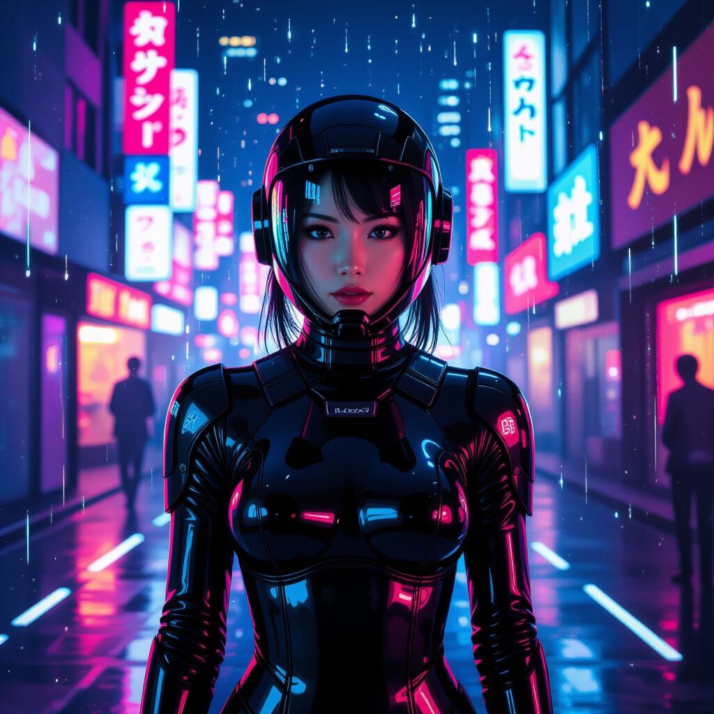 Woman in Hardsuit Under Neon Lights: Oil Painting