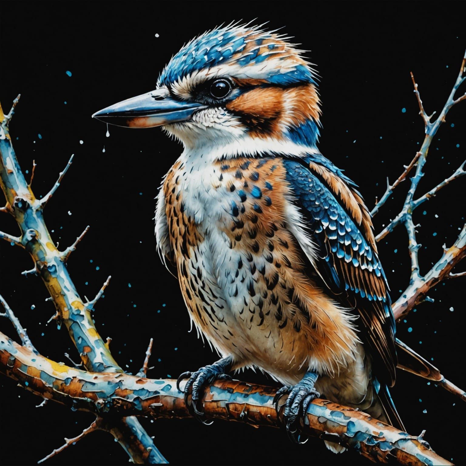 Vibrant Kookaburra in Ink Splatter Watercolor Style