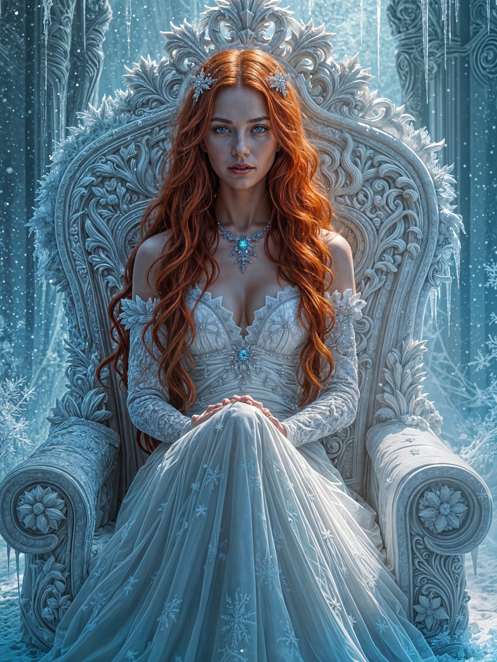 Regal Snow Queen on Ice Throne, Dark Fantasy Realism