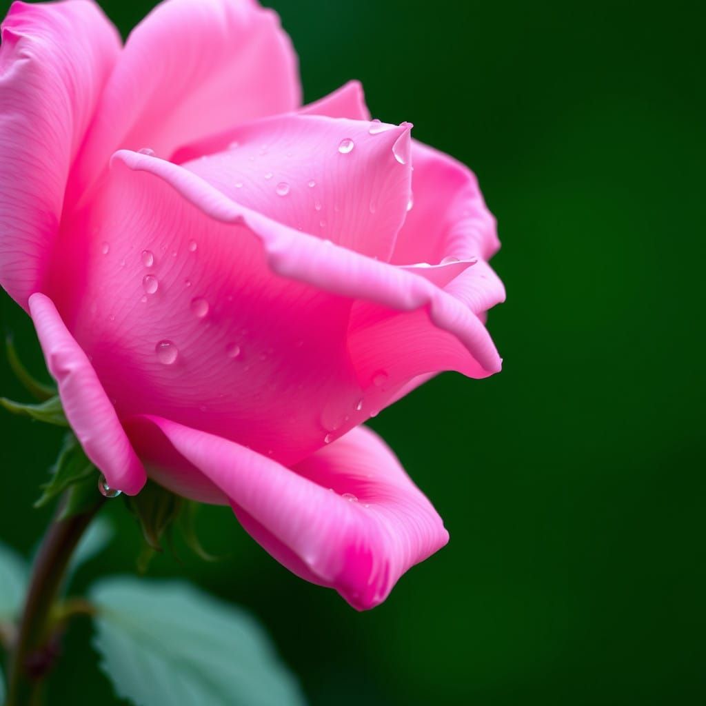 Exquisite Pink Rose Bud in Dark Emerald Green