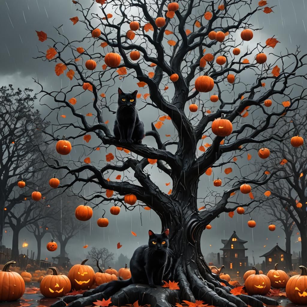 Autumnal Black Tree, Cat, and Pumpkins in Matte Painting