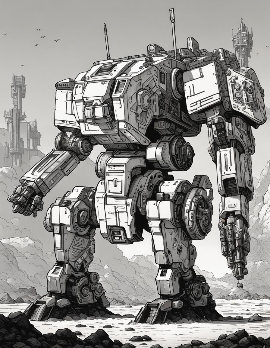 Detailed Mechwarrior Illustration in Black Ink