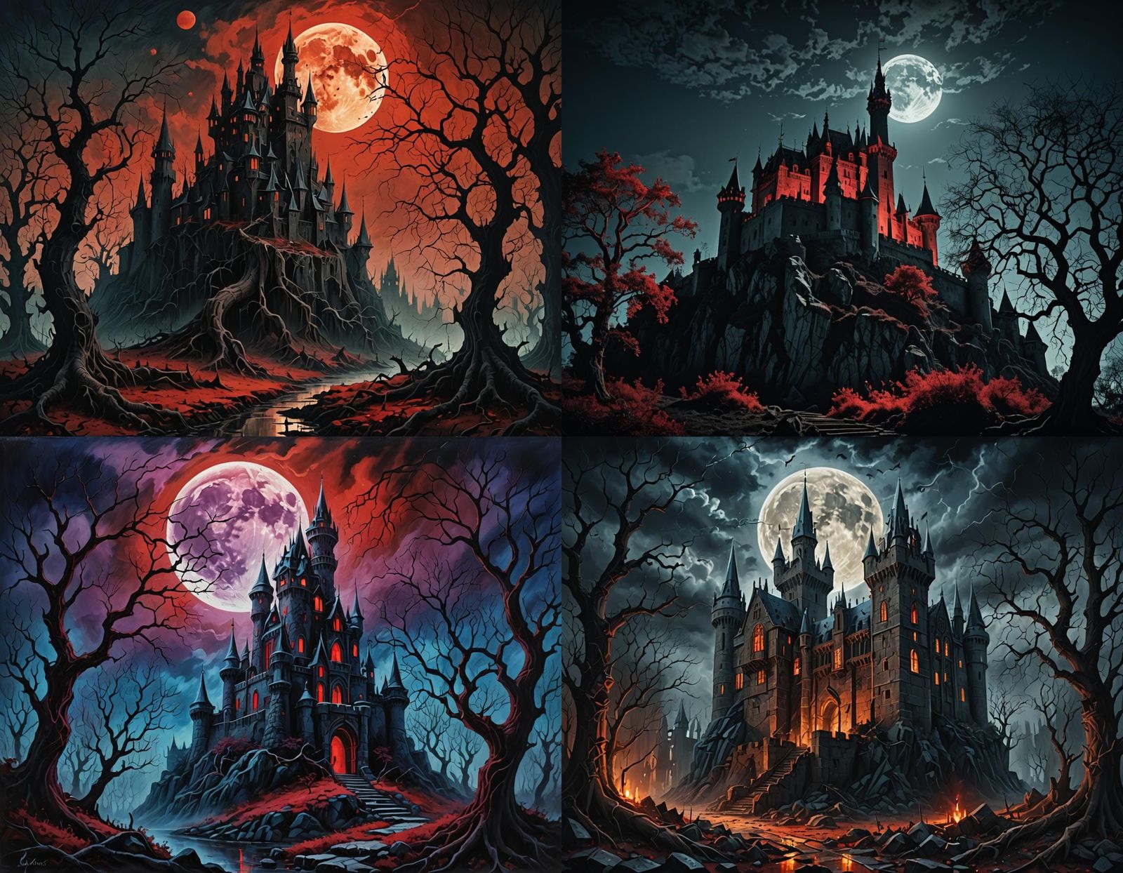 Surreal Bloody Castle Fantasy Landscape at Night