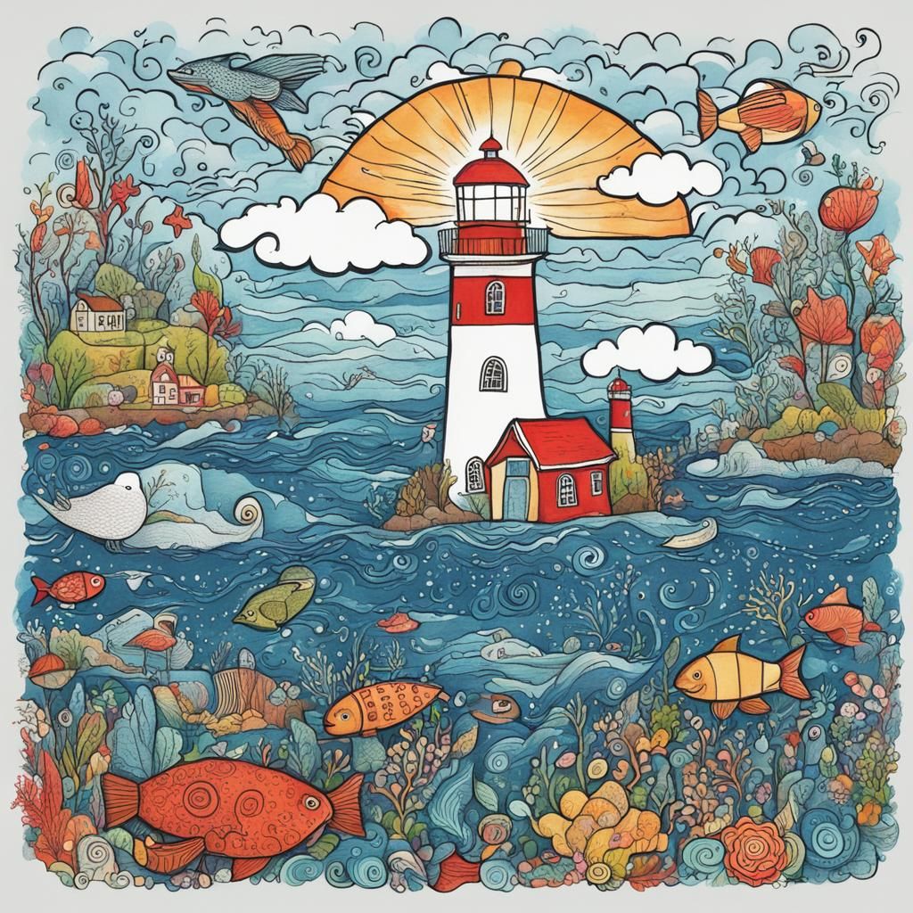 Naive Doodle Art: Lighthouse and Sea Creatures
