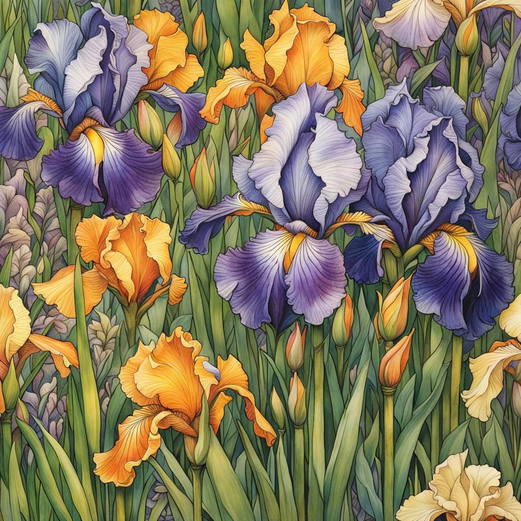 Colorful Irises in Detailed Fantasy Art Style