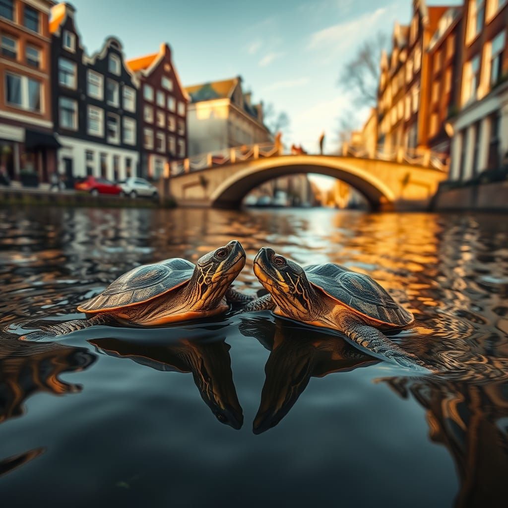 Turtles in Amsterdam Canal at Golden Hour