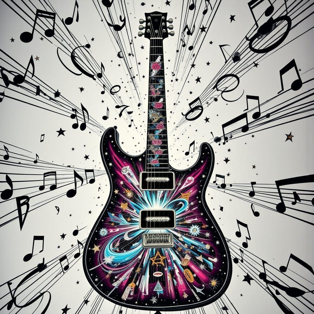 Surreal Glass Guitar in a Kaleidoscopic Collage