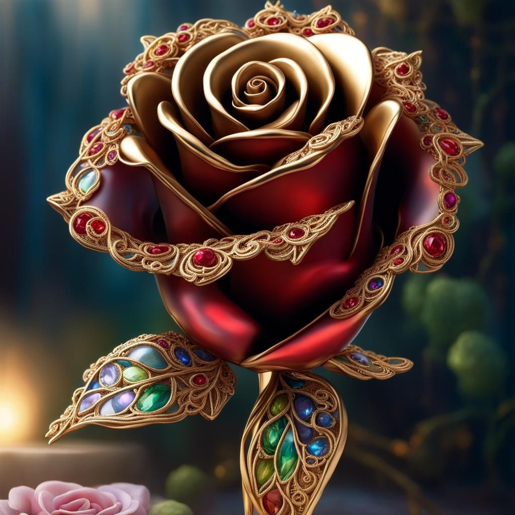Gold Metal Rose with Lace Filigree and Gems