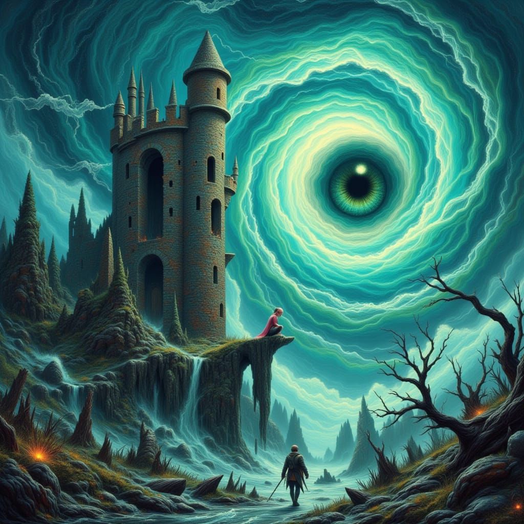 Surreal Fantasy Tower with Girl and Watchful Eye