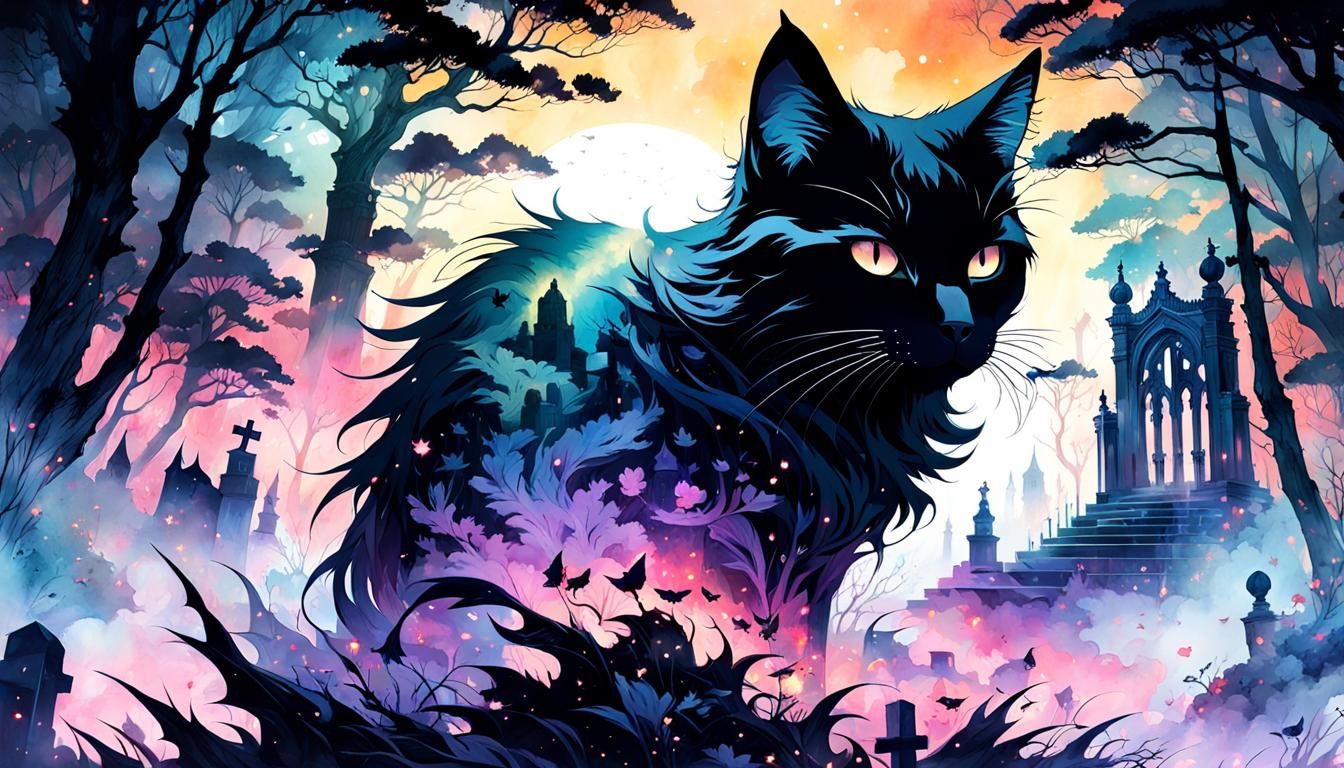 Graveyard Cat Double Exposure Watercolor Portrait