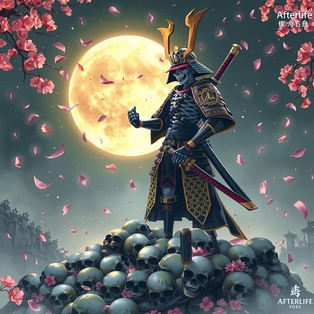 Skeleton Samurai on Skull Mountain in Gothic Anime Style