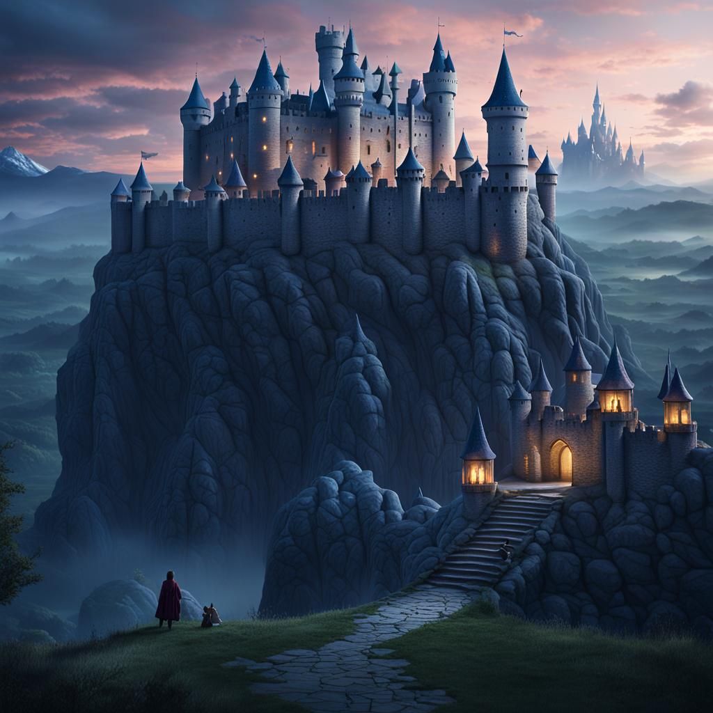 Fantasy Landscape with Castles and Mythical Creatures