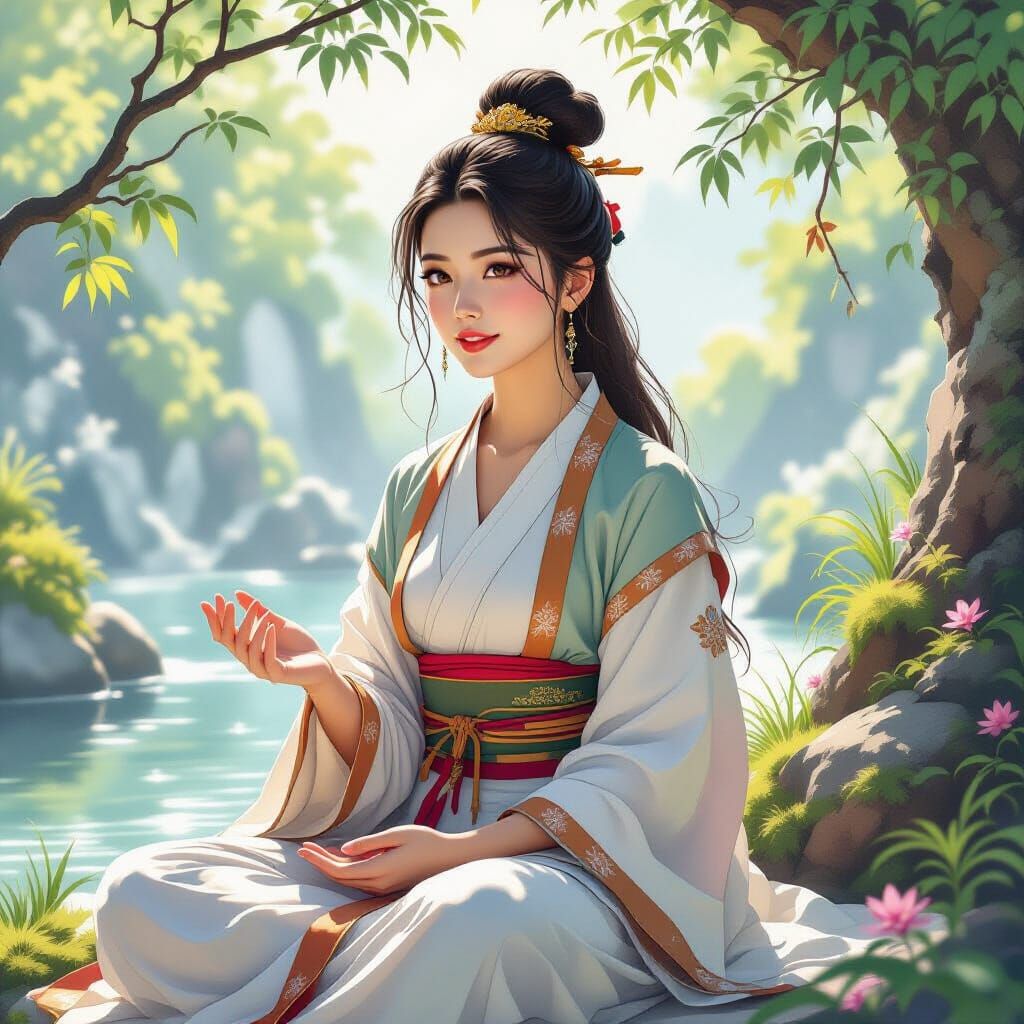 Serene Woman Shares Wisdom in Watercolor Style