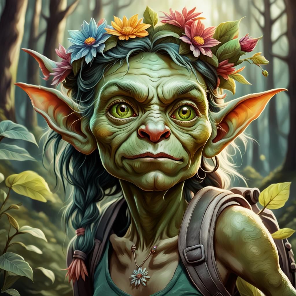 Female Goblin Hiking in Forest, Hand-Drawn Style