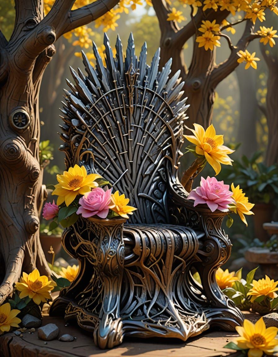 Regal Iron Throne Amidst Vibrant Floral Vase