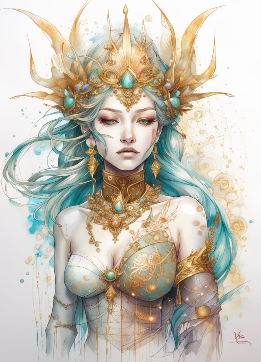 Anime Mermaid Queen with Gold Filigree, Photorealistic Sketc...