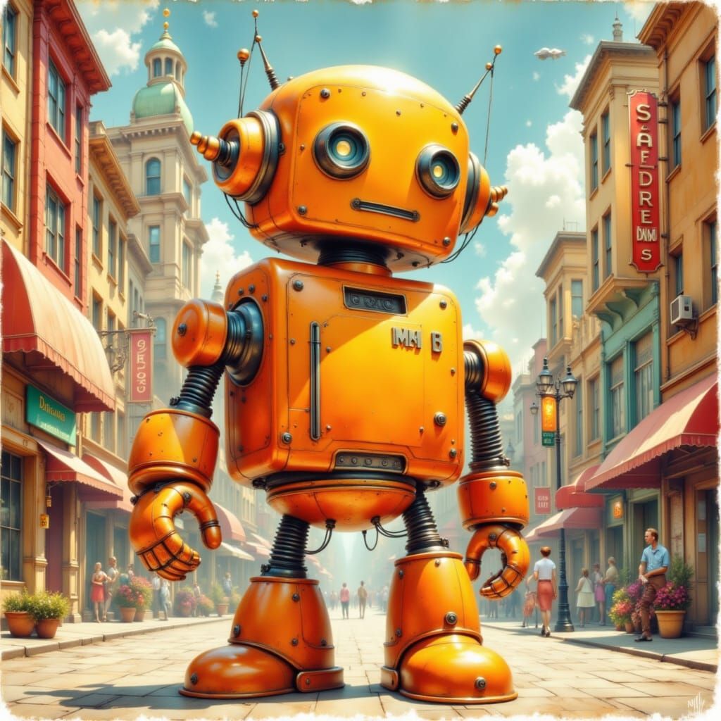 Giant Adorable Orange Retro Robot in 1950s Cityscape