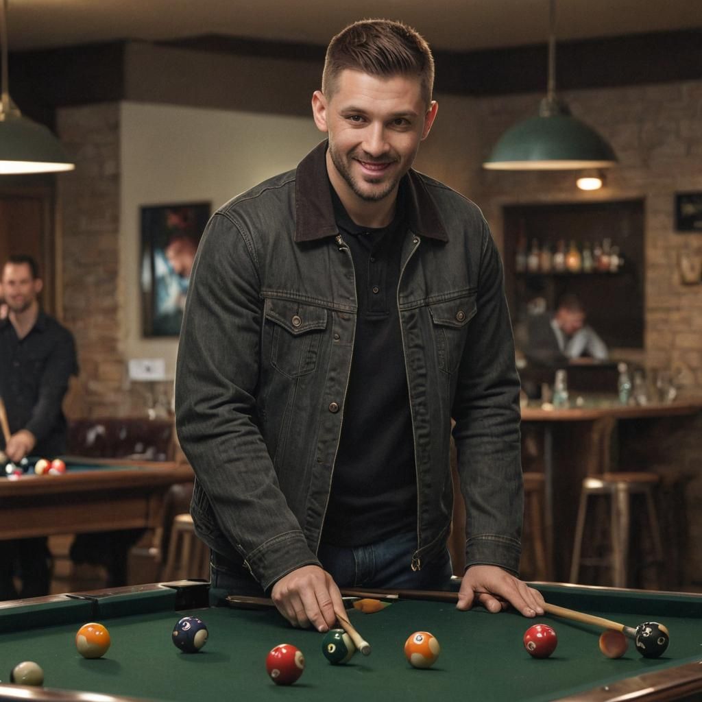 Billiard Player Aims in Smoky Bar, Photorealistic Style