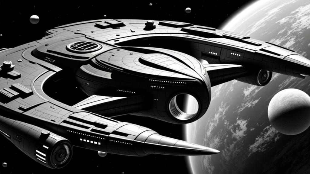 Retro-Futuristic Starship in Flight Over a Saturn-Earth Plan...