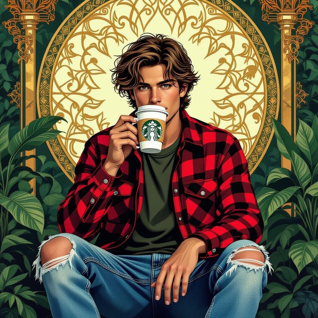 Retro-Futuristic Grunge Guy Sipping Coffee with Art Deco Ele...