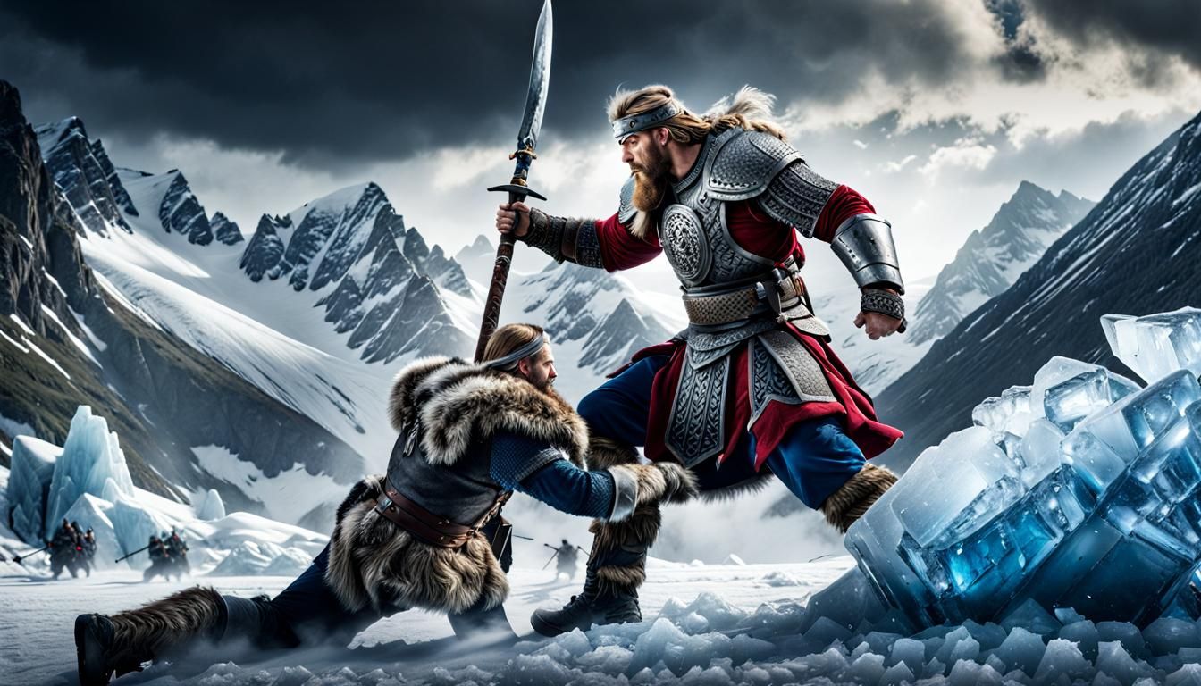 Nordic Warrior Battles Ice Giant in Snowy Mountains