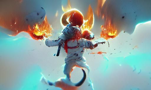 Astronaut Engulfed in Flames Fighting Demons