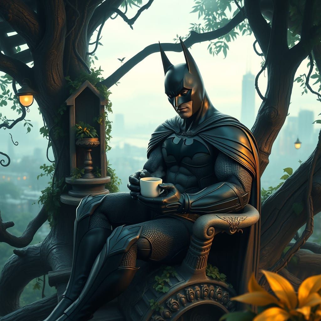 Batman Sits in Whimsical Treehouse Cafe