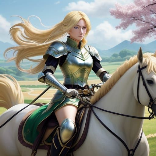 Anime Blonde Woman Riding Horse in Countryside