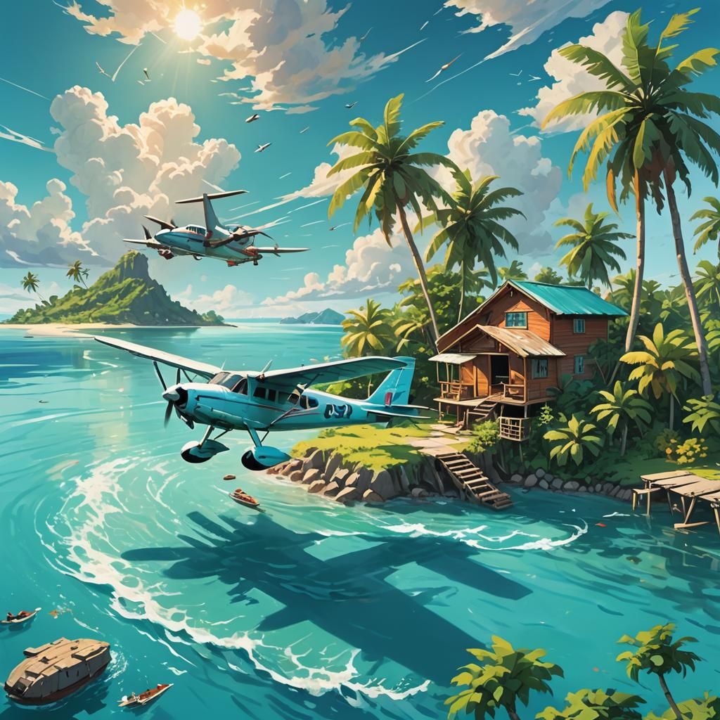 Island Shack Flight: Vibrant Anime-Style Digital Art