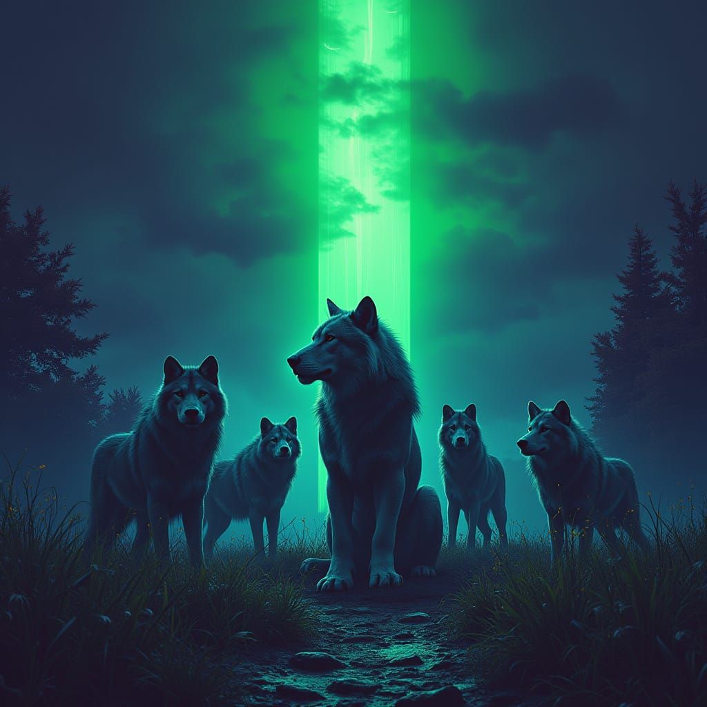 Wolves Gather Beneath Neon Streak in Dark Cyberpunk Sky