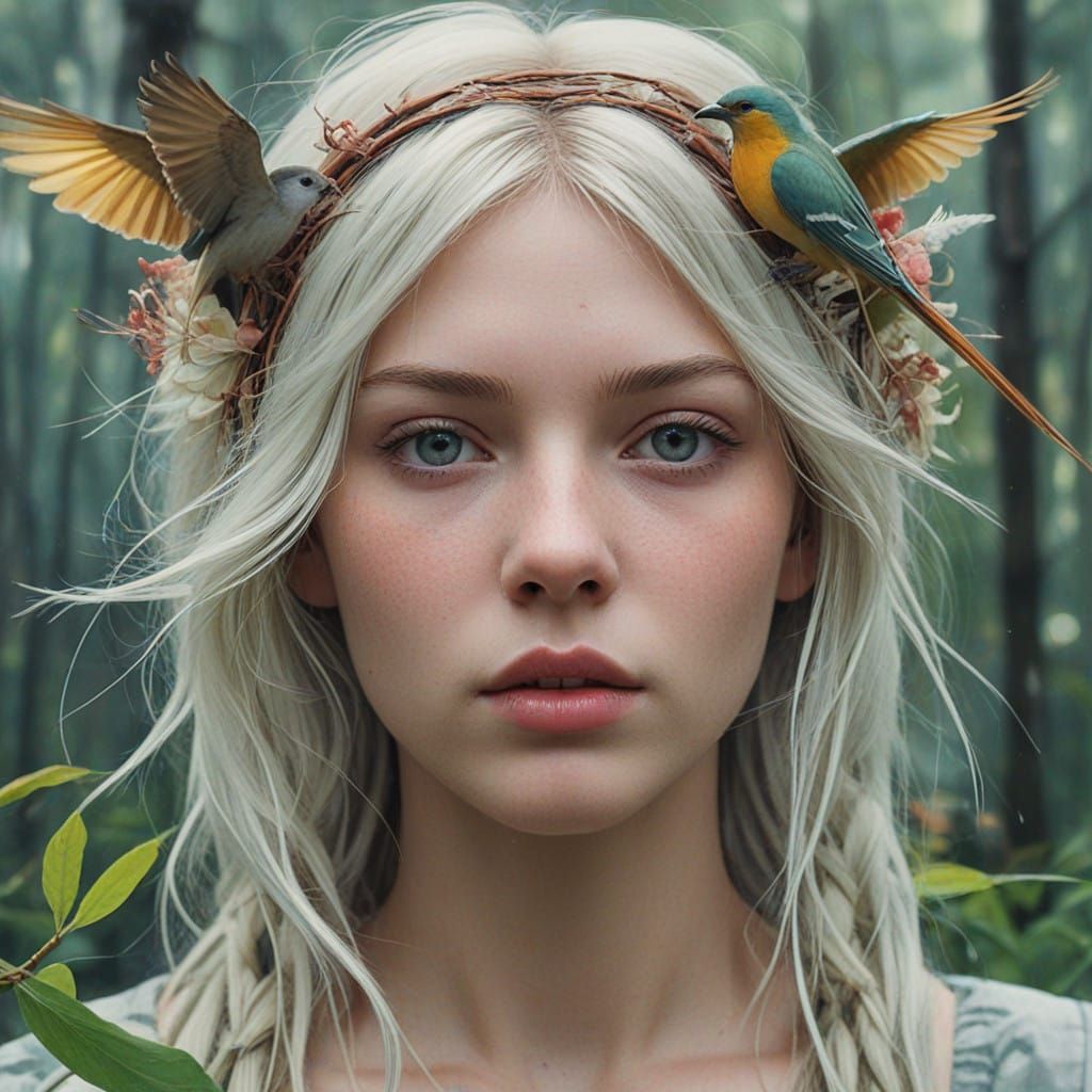 Enchanted Nature Goddess with Delicate Features and Lush Fol...