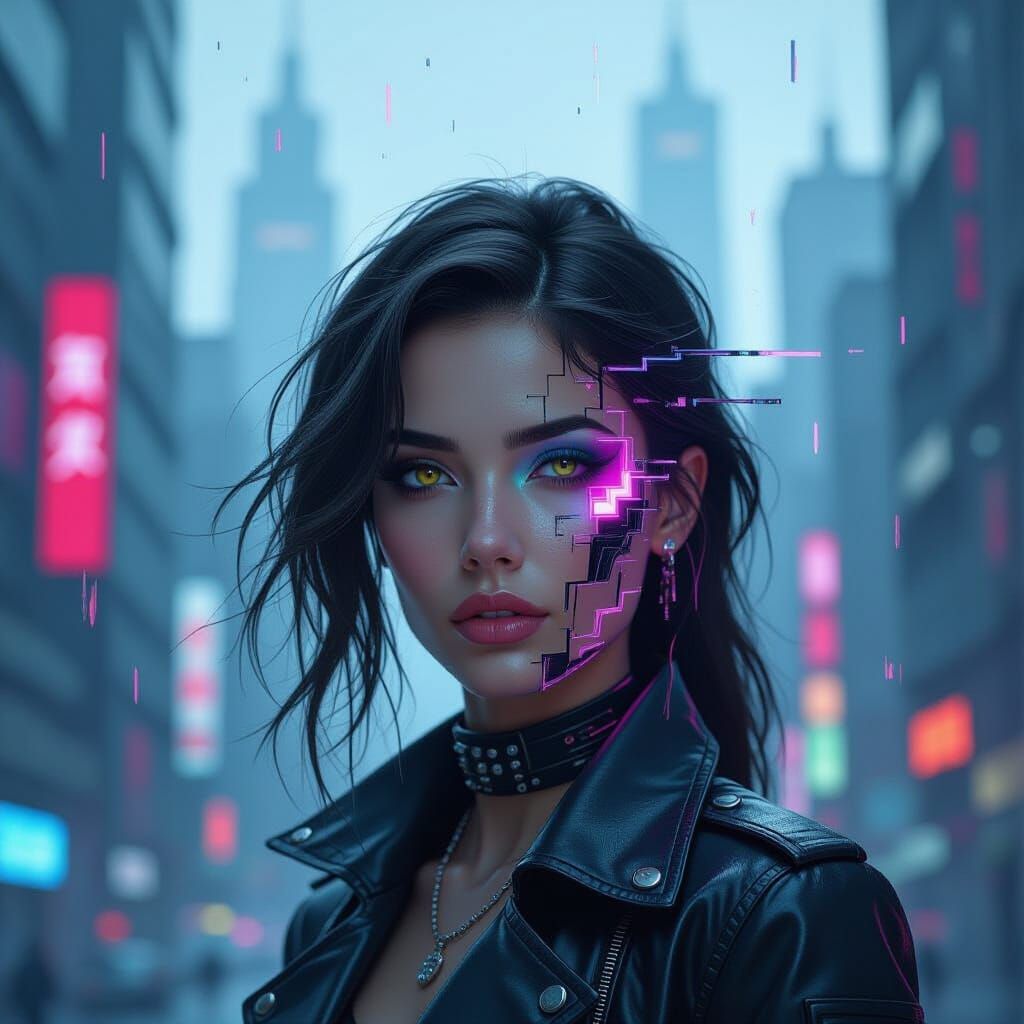 Cyberpunk Woman Portrait with Neon Light Fractures