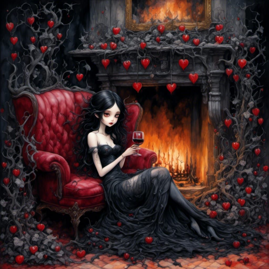 Beautiful Girl Relaxing by Fireplace with Wine