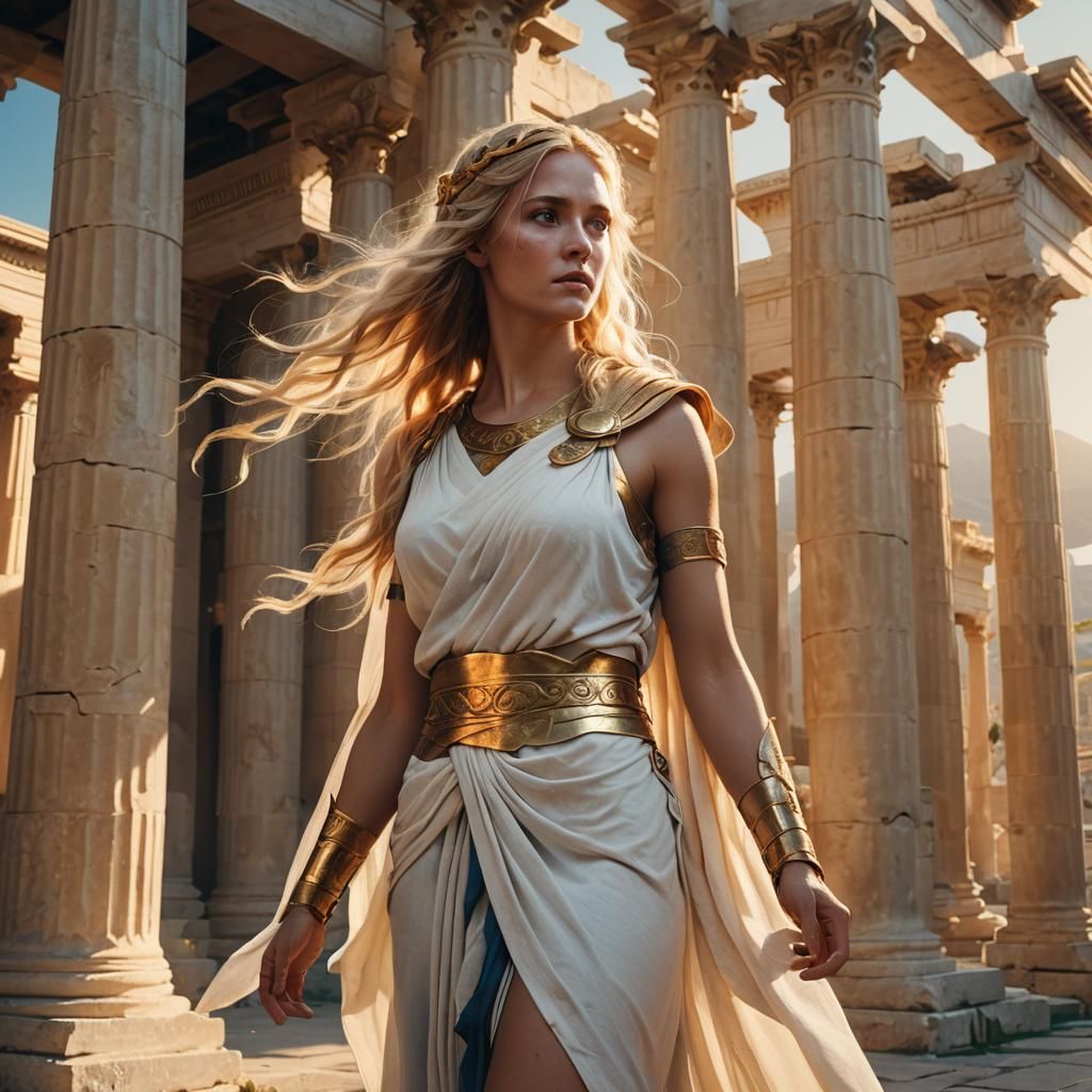 Spartan Woman in White Toga, Golden Hour Lighting