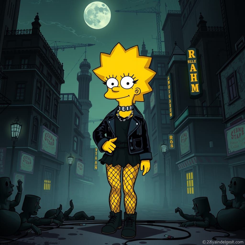 Lisa Simpson in Emo Goth Style, Dystopian Cityscape