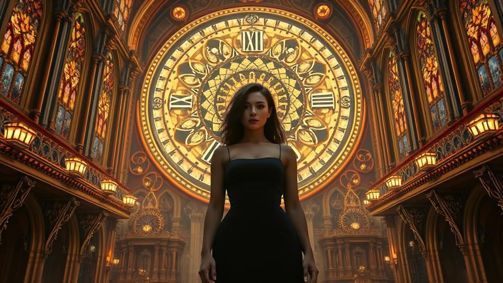 Gothic Clockwork Cathedral with Mysterious Woman