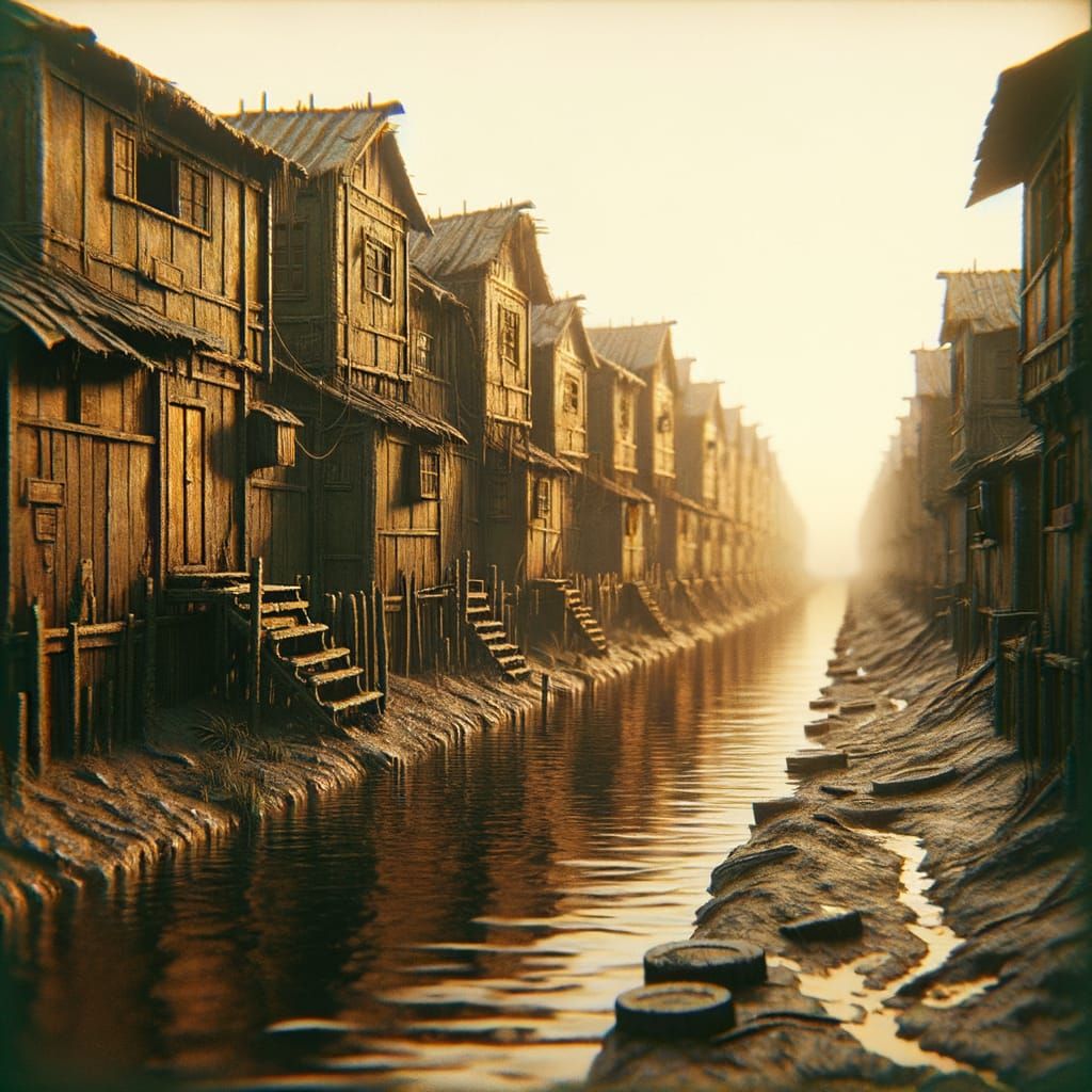 Retro RPG Slum Scene Over Murky Canal