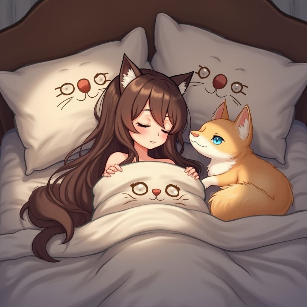 Bengal Cat and Arctic Fox Cozy in Bed with Owner